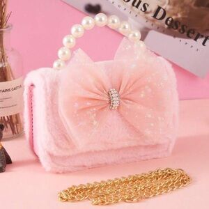 Pink Faux Fur Handbag with Pearl Handle